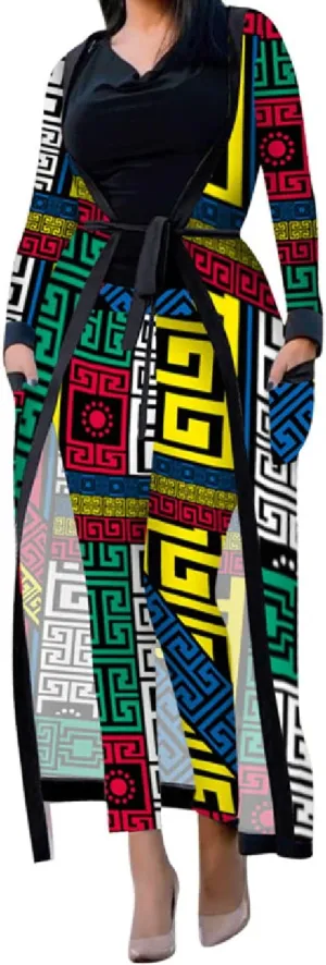 A ADILACA Women's 2 Piece Print Outfits Clubwear Long Sleeve Open Cardigan Pants Set Suits (7 Color, S-2XL)