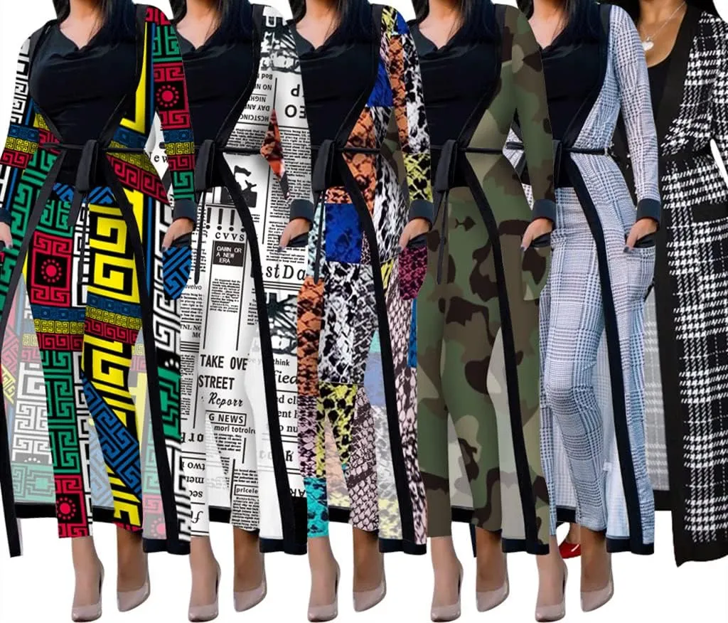 A ADILACA Women's 2 Piece Print Outfits Clubwear Long Sleeve Open Cardigan Pants Set Suits (7 Color, S-2XL)
