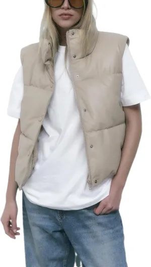 Ailoqing Womens Faux Leather Puffer Vest Zip Up Sleeveless Winter Cropped Jacket
