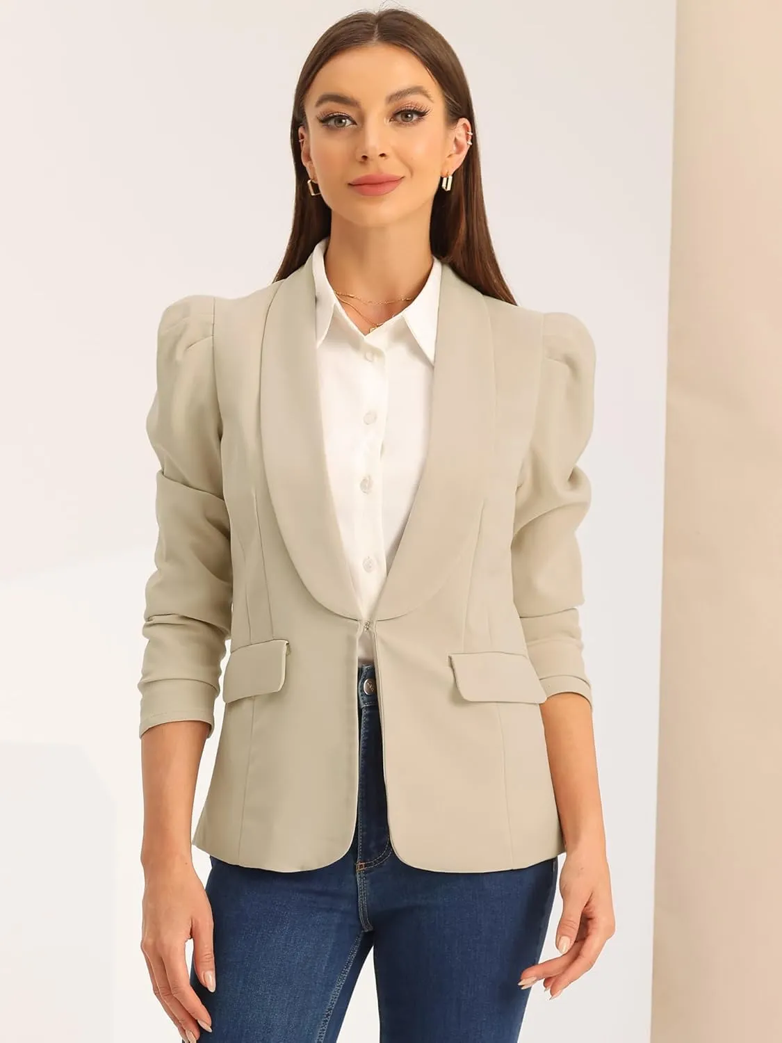Allegra K Blazer Jackets for Women's Shawl Collar Puff Sleeve Business Casual Blazer