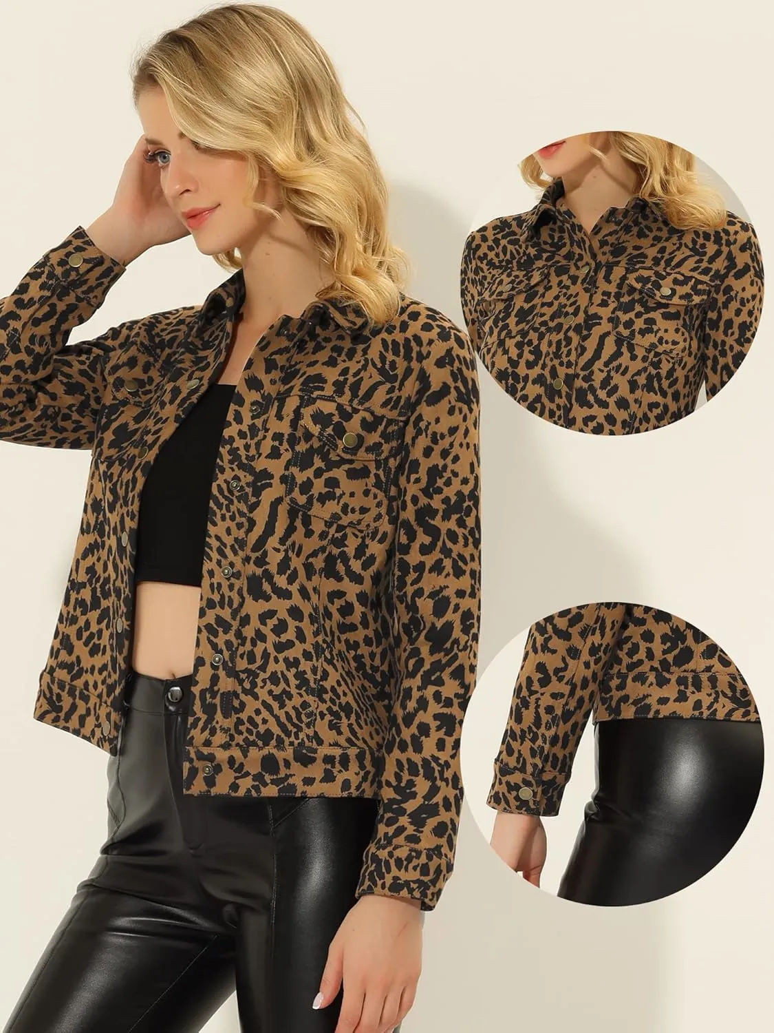 Allegra K Casual Jacket for Women's Leopard Button Down Shacket Faux Suede Jackets