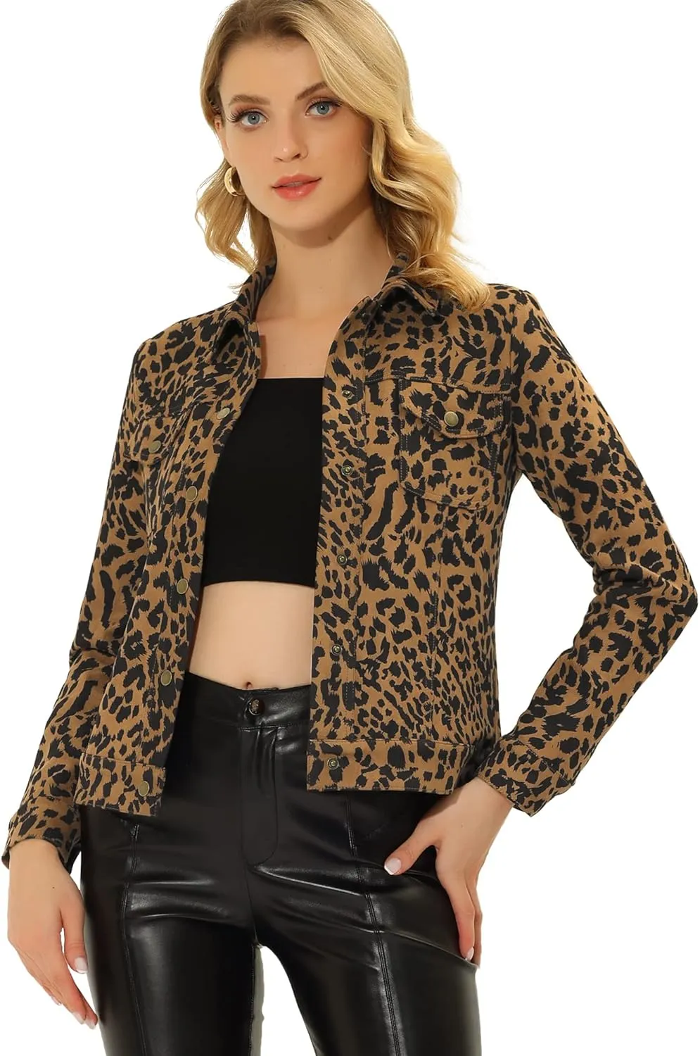Allegra K Casual Jacket for Women's Leopard Button Down Shacket Faux Suede Jackets