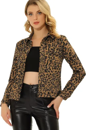 Allegra K Casual Jacket for Women's Leopard Button Down Shacket Faux Suede Jackets