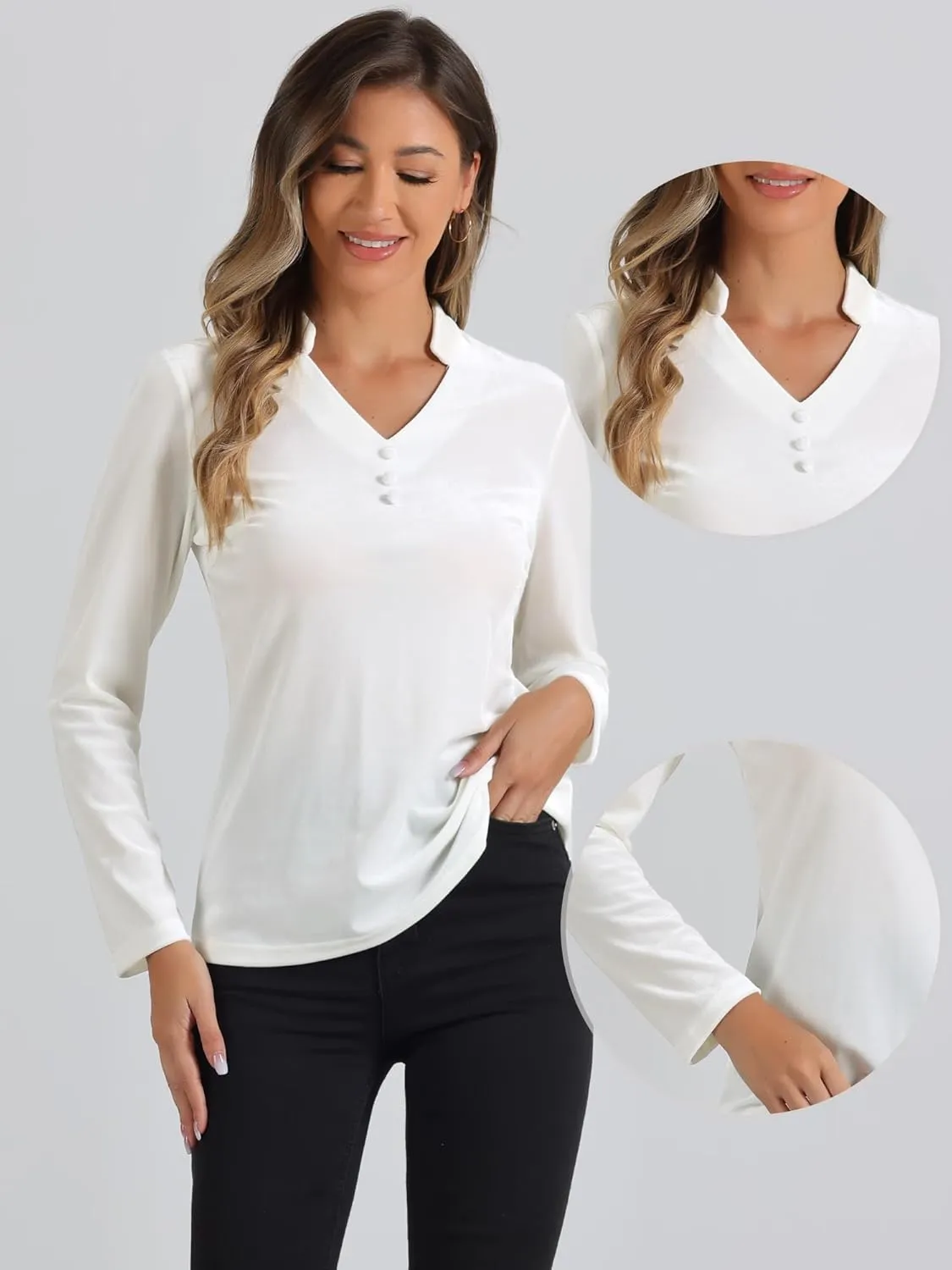 Allegra K Casual Velvet Top for Women's Office Soft Long Sleeve V Neck Christmas T-Shirt