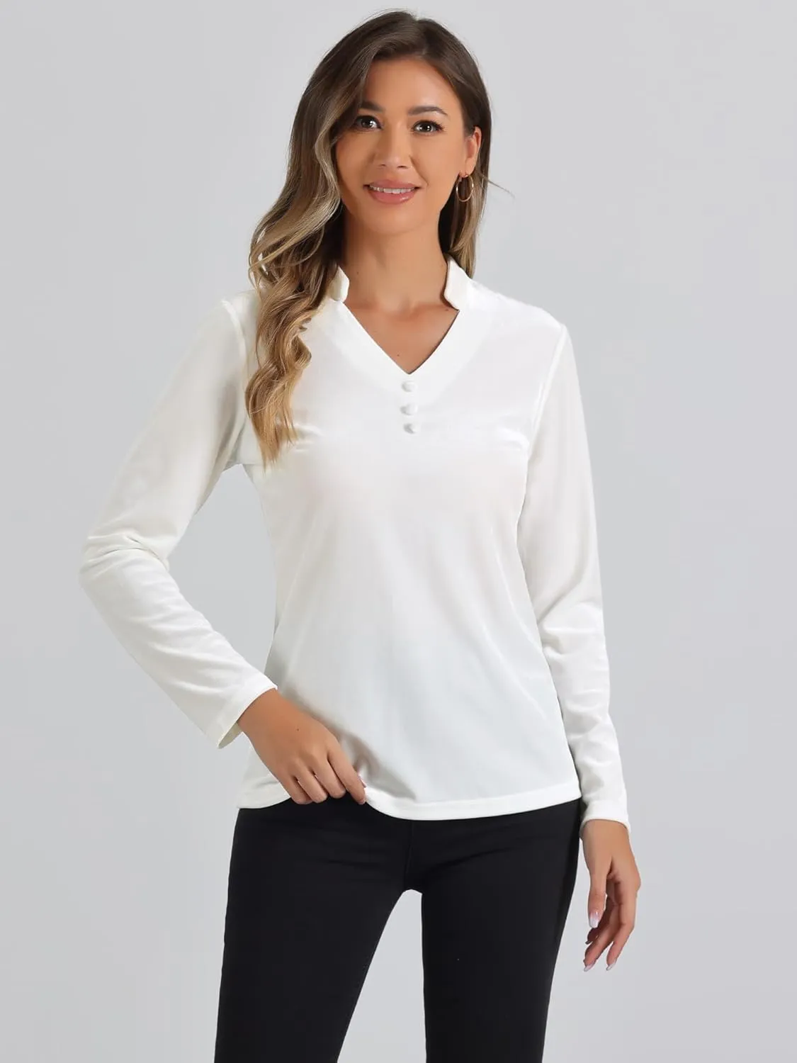 Allegra K Casual Velvet Top for Women's Office Soft Long Sleeve V Neck Christmas T-Shirt