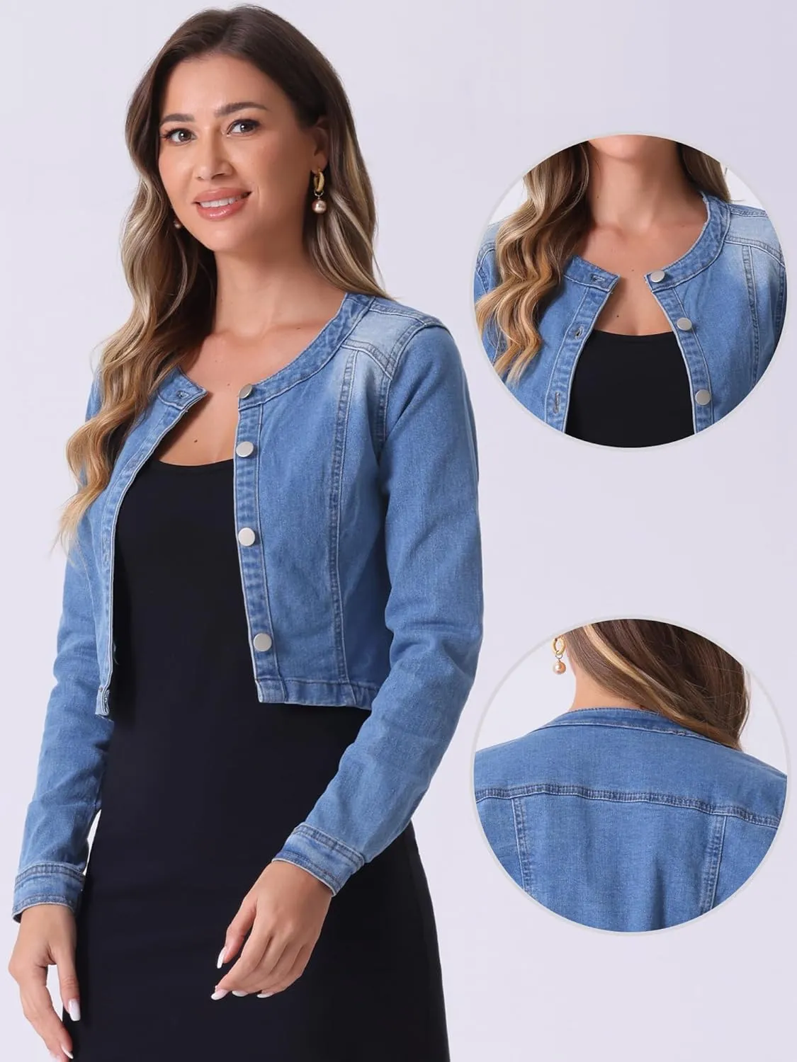 Allegra K Denim Jacket for Women's Collarless Button Down Crop Jean Jackets