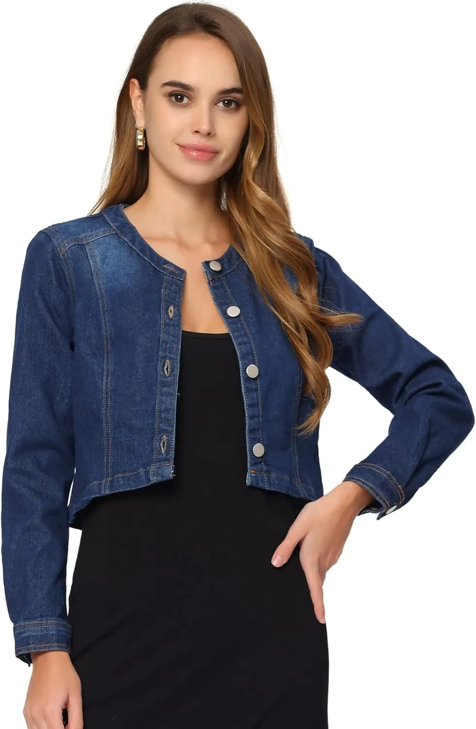 Allegra K Denim Jacket for Women's Collarless Button Down Crop Jean Jackets