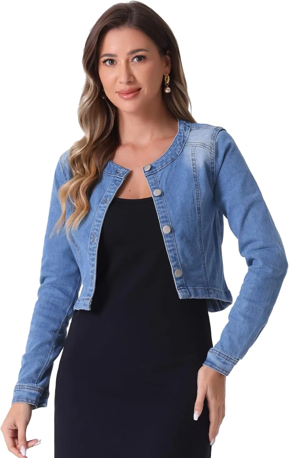 Allegra K Denim Jacket for Women's Collarless Button Down Crop Jean Jackets