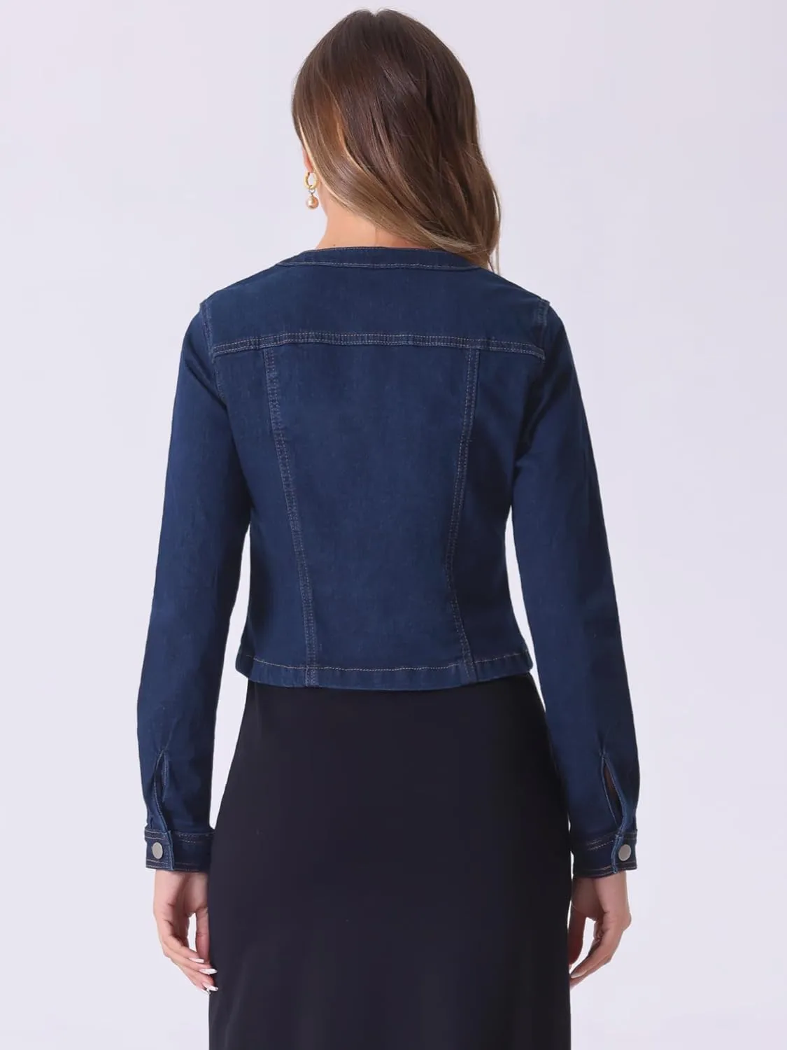 Allegra K Denim Jacket for Women's Collarless Button Down Crop Jean Jackets