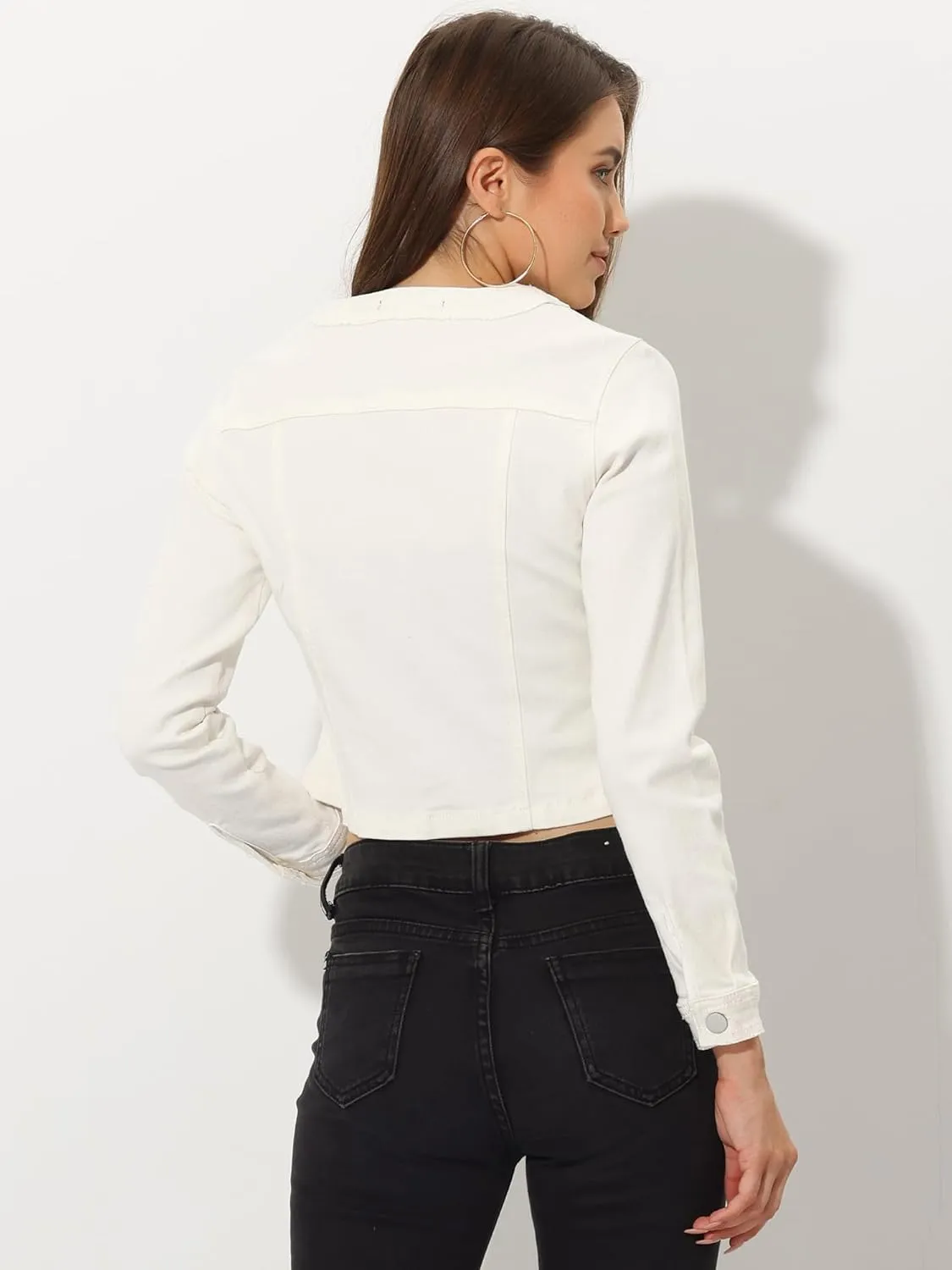 Allegra K Denim Jacket for Women's Collarless Button Down Crop Jean Jackets