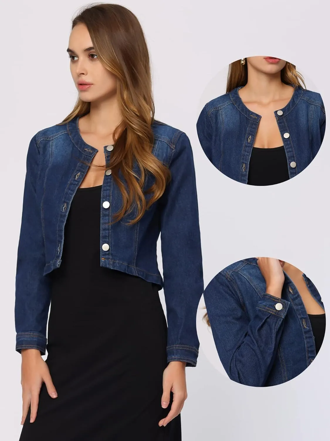 Allegra K Denim Jacket for Women's Collarless Button Down Crop Jean Jackets