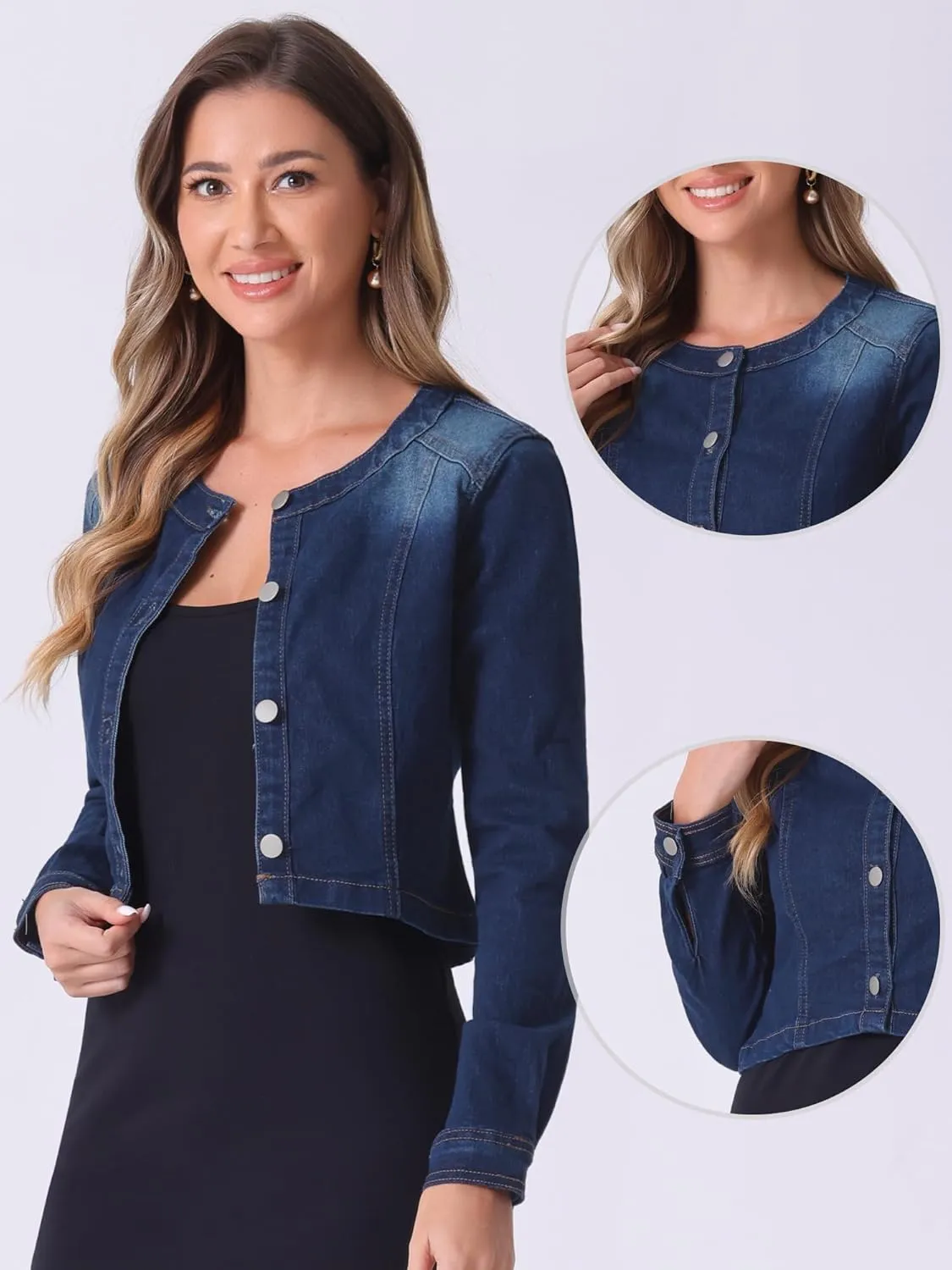 Allegra K Denim Jacket for Women's Collarless Button Down Crop Jean Jackets