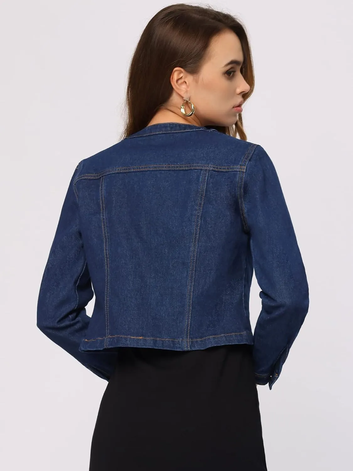 Allegra K Denim Jacket for Women's Collarless Button Down Crop Jean Jackets