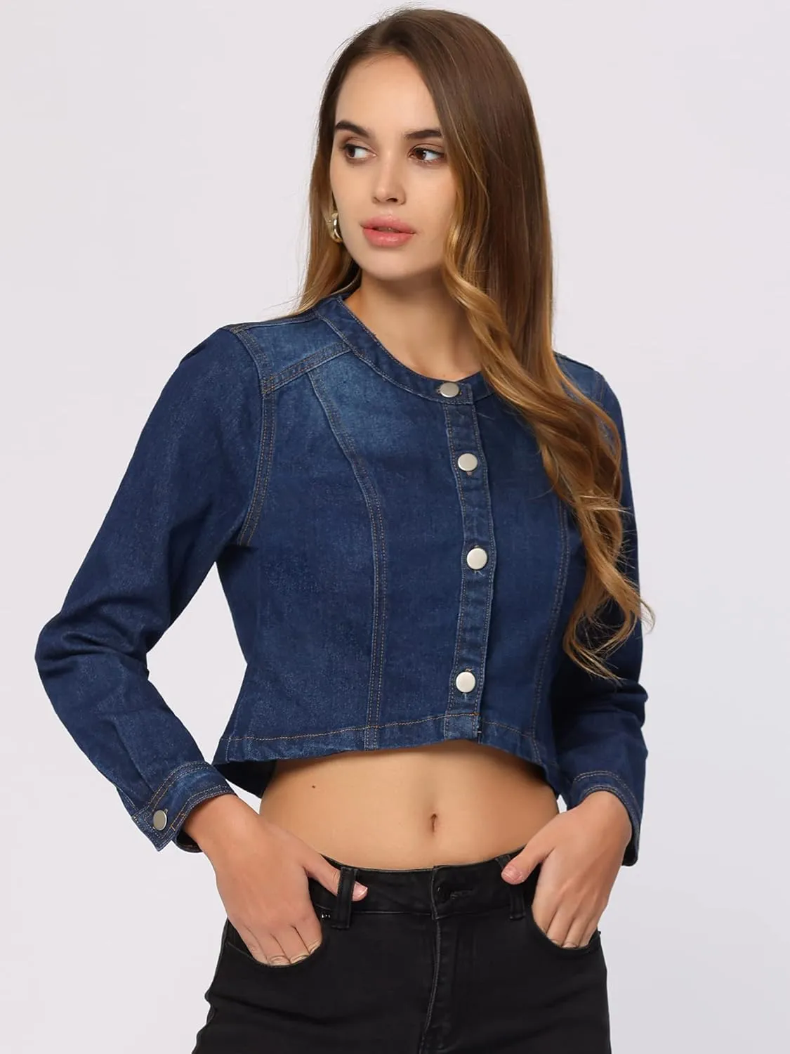 Allegra K Denim Jacket for Women's Collarless Button Down Crop Jean Jackets