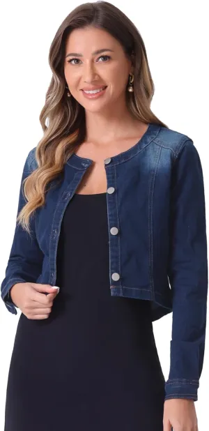 Allegra K Denim Jacket for Women's Collarless Button Down Crop Jean Jackets