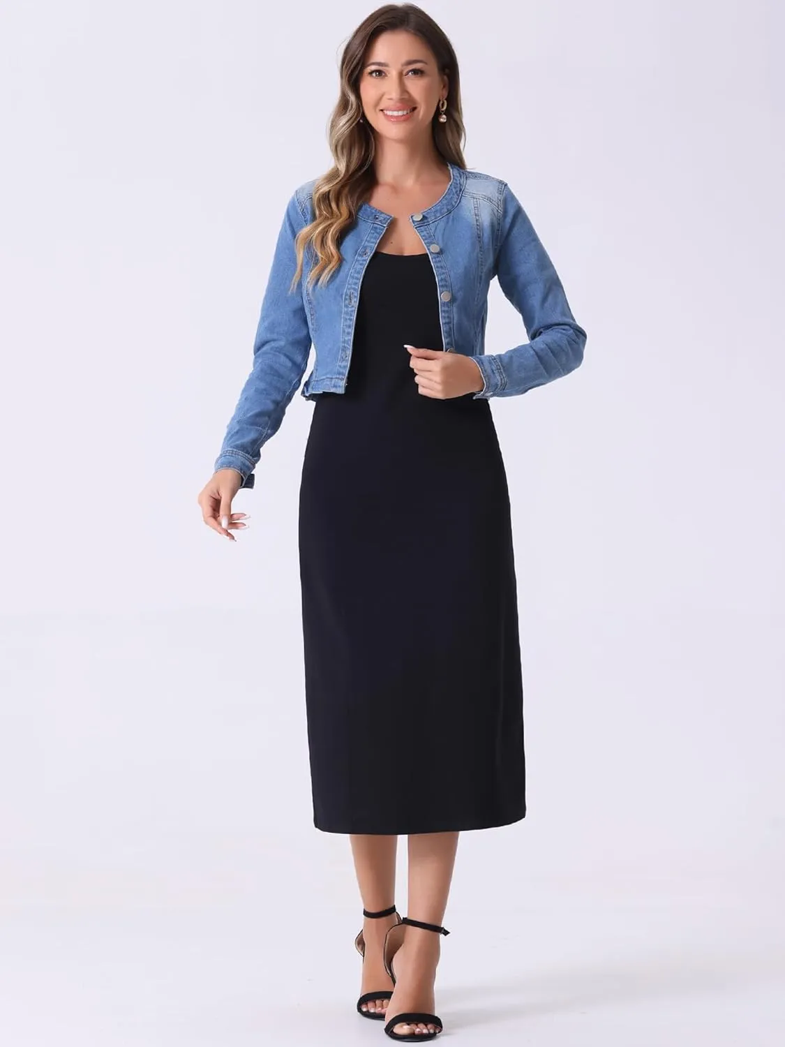 Allegra K Denim Jacket for Women's Collarless Button Down Crop Jean Jackets