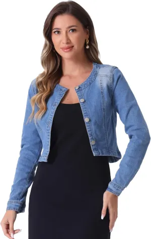 Allegra K Denim Jacket for Women's Collarless Button Down Crop Jean Jackets