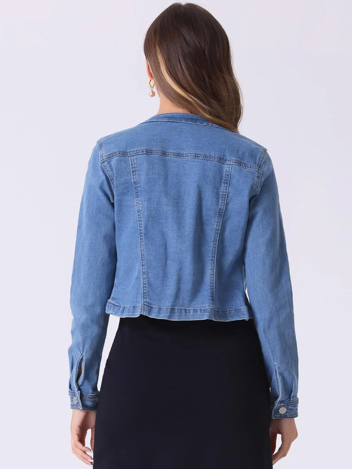 Allegra K Denim Jacket for Women's Collarless Button Down Crop Jean Jackets