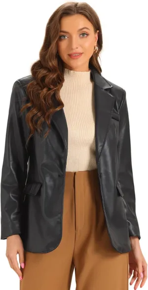 Allegra K Faux Leather Blazer for Women's Lapel Collar PU Moto Biker Jackets