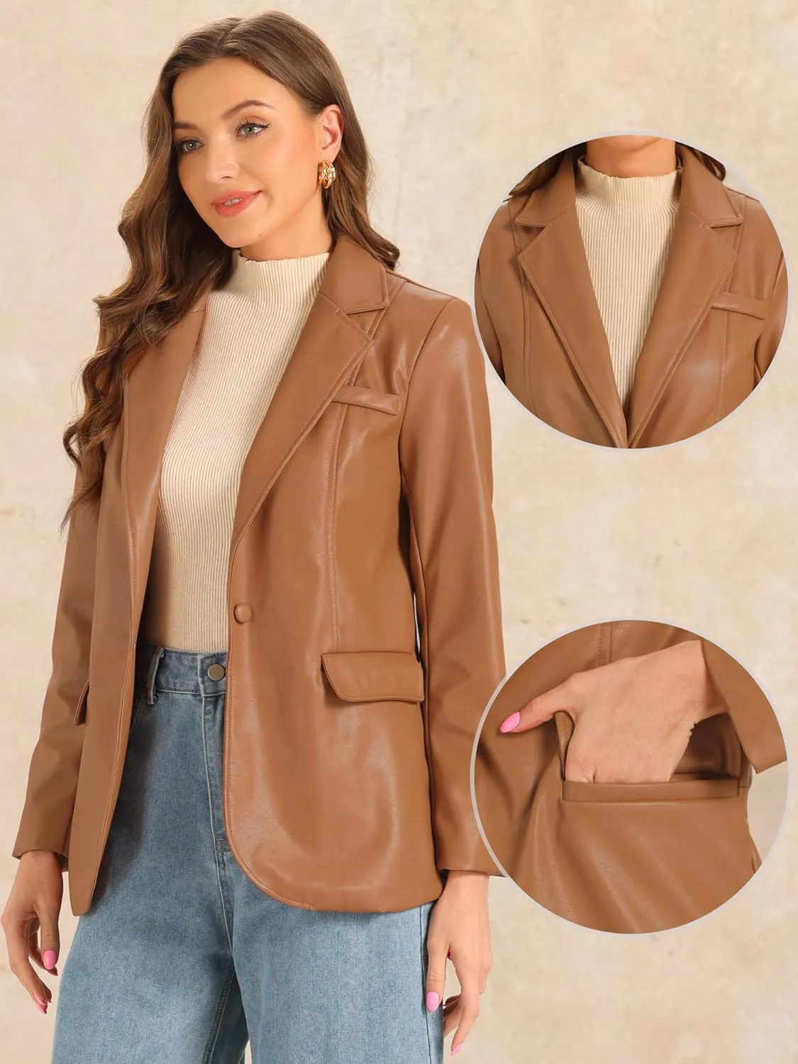 Allegra K Faux Leather Blazer for Women's Lapel Collar PU Moto Biker Jackets