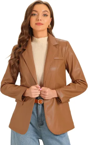Allegra K Faux Leather Blazer for Women's Lapel Collar PU Moto Biker Jackets