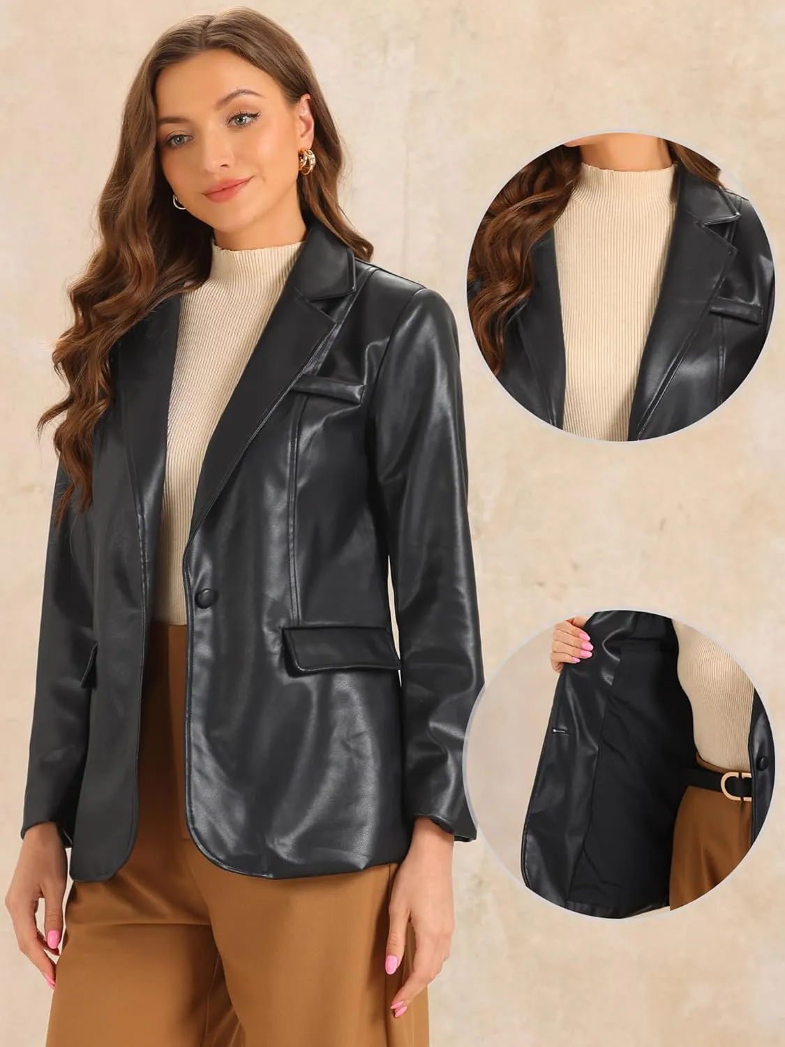 Allegra K Faux Leather Blazer for Women's Lapel Collar PU Moto Biker Jackets