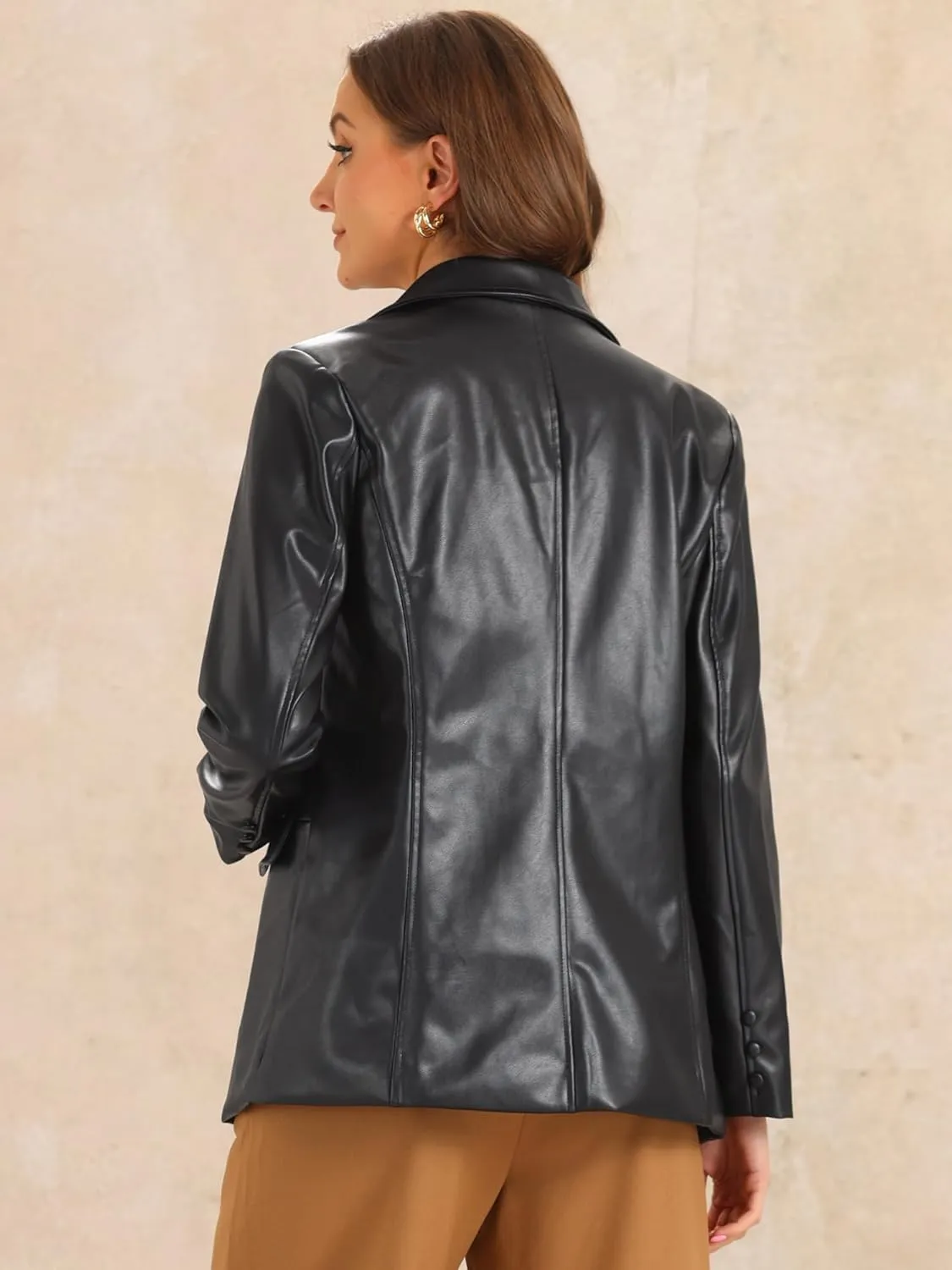 Allegra K Faux Leather Blazer for Women's Lapel Collar PU Moto Biker Jackets