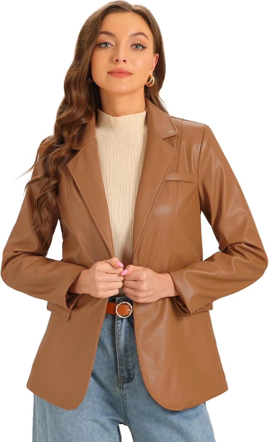 Allegra K Faux Leather Blazer for Women's Lapel Collar PU Moto Biker Jackets