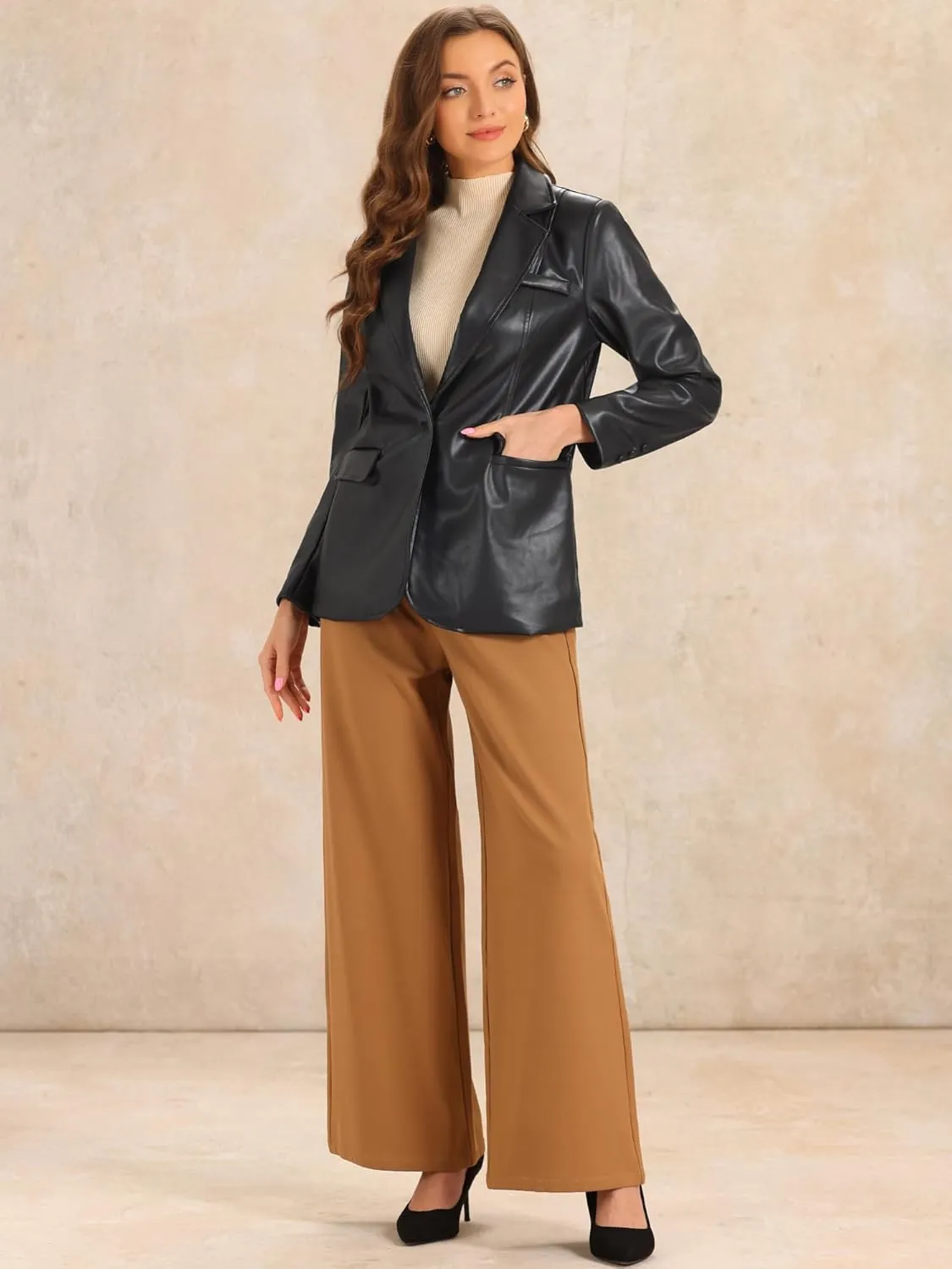 Allegra K Faux Leather Blazer for Women's Lapel Collar PU Moto Biker Jackets