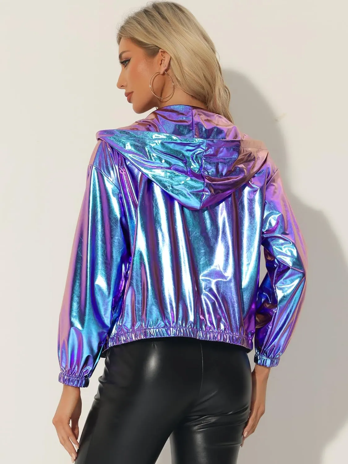 Allegra K Holographic Jackets for Women's Hooded Long Sleeve Zipper Christmas Metallic Jacket