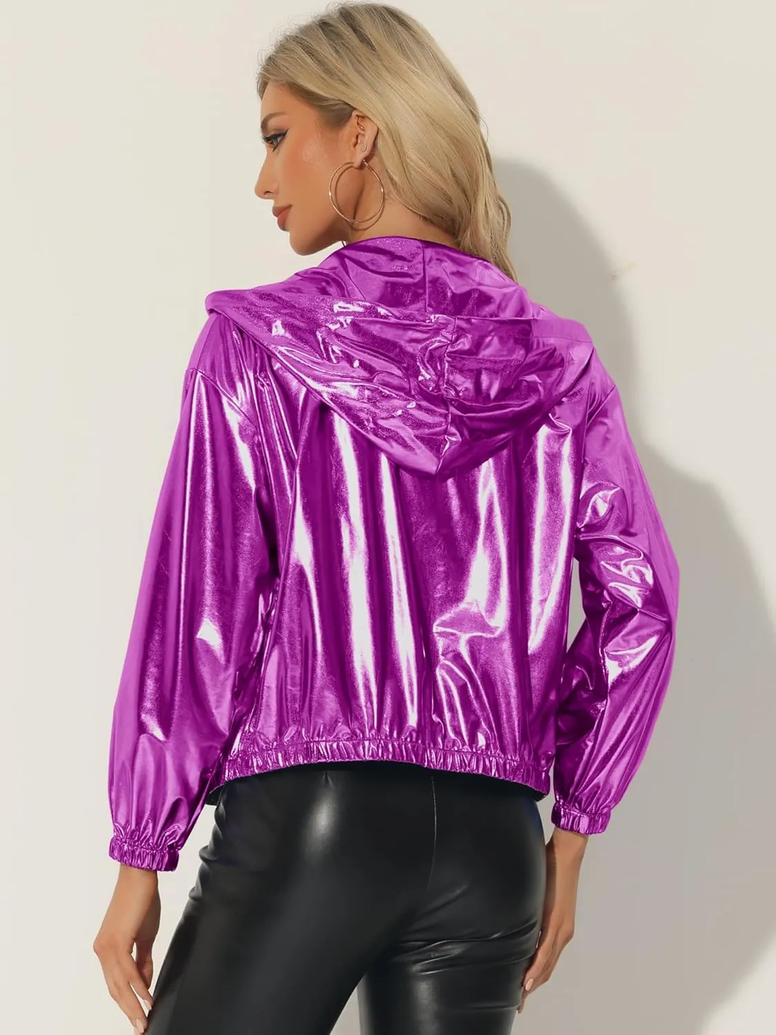 Allegra K Holographic Jackets for Women's Hooded Long Sleeve Zipper Christmas Metallic Jacket