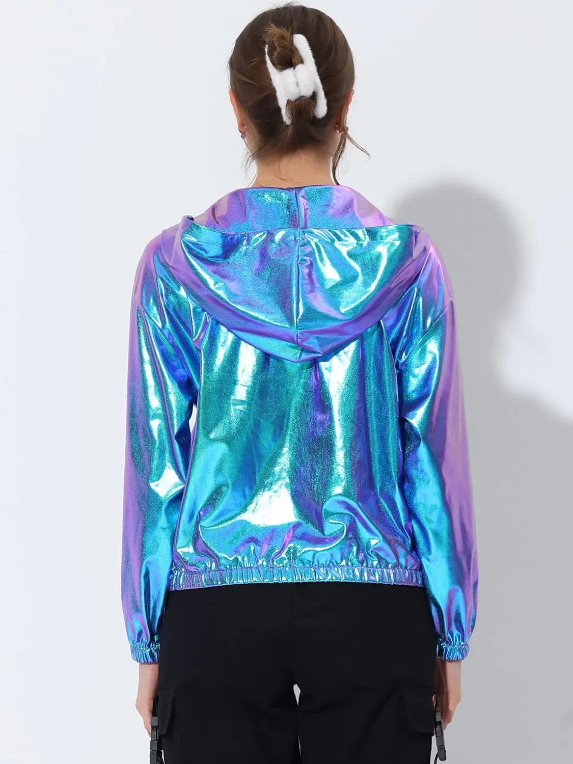 Allegra K Holographic Jackets for Women's Hooded Long Sleeve Zipper Christmas Metallic Jacket