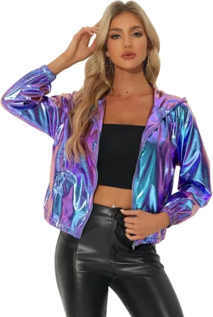 Allegra K Holographic Jackets for Women's Hooded Long Sleeve Zipper Christmas Metallic Jacket