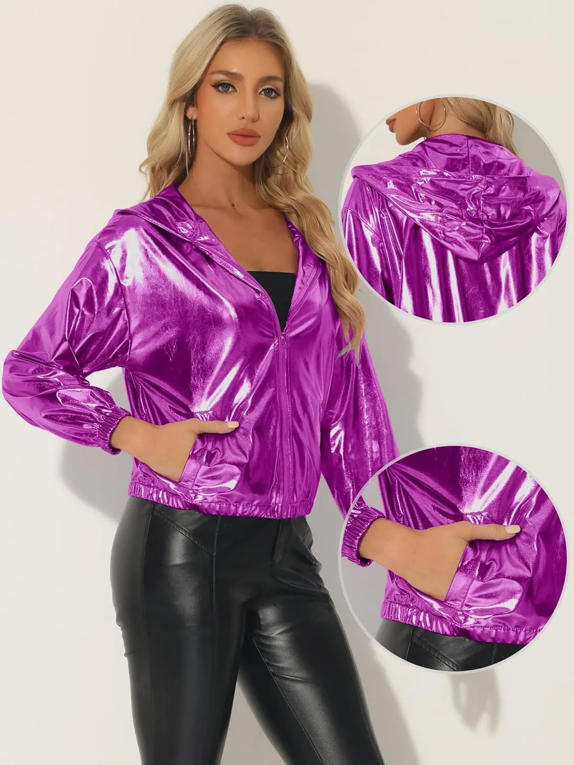 Allegra K Holographic Jackets for Women's Hooded Long Sleeve Zipper Christmas Metallic Jacket