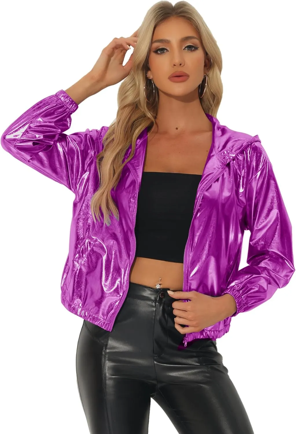 Allegra K Holographic Jackets for Women's Hooded Long Sleeve Zipper Christmas Metallic Jacket