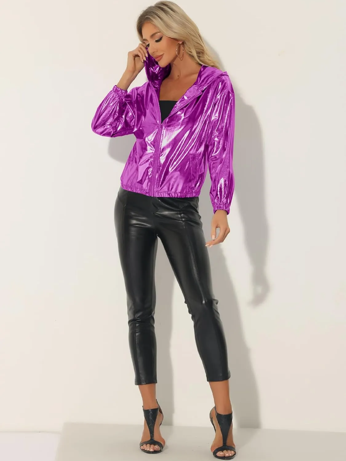 Allegra K Holographic Jackets for Women's Hooded Long Sleeve Zipper Christmas Metallic Jacket