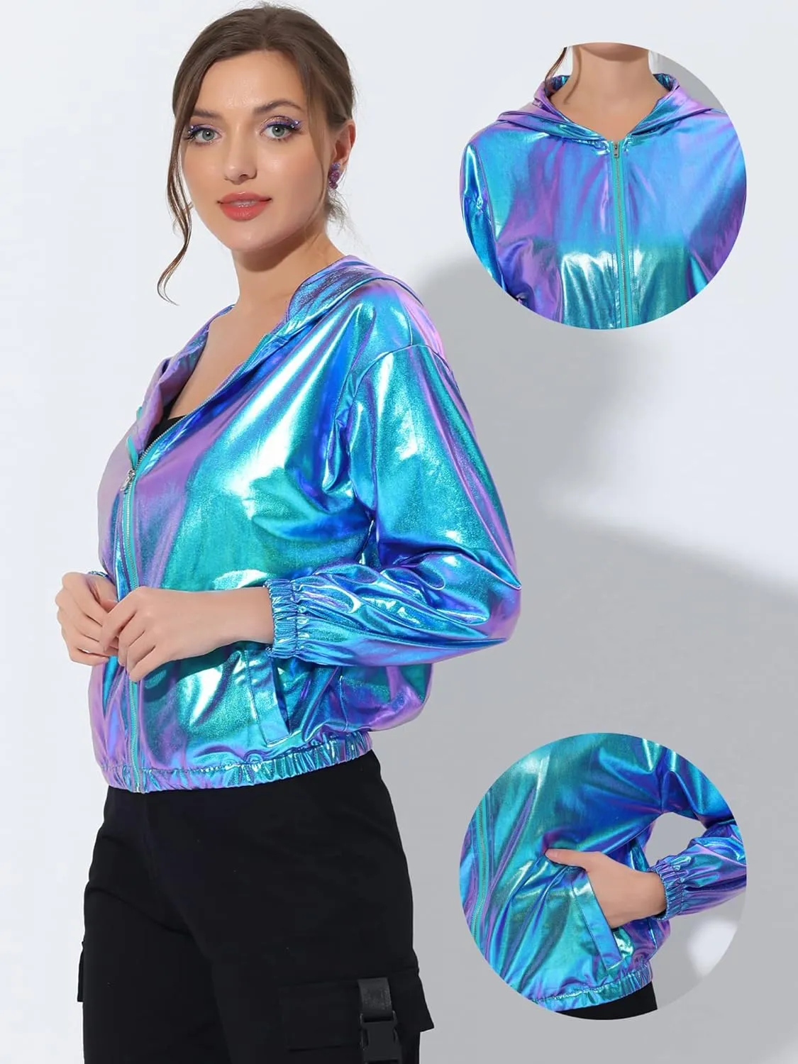 Allegra K Holographic Jackets for Women's Hooded Long Sleeve Zipper Christmas Metallic Jacket
