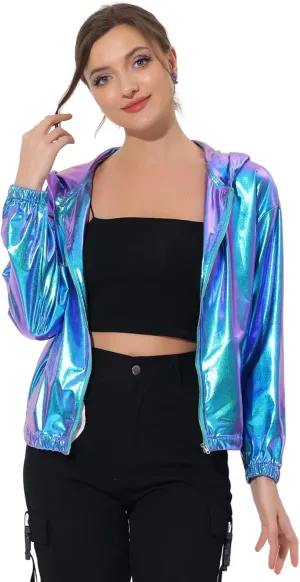 Allegra K Holographic Jackets for Women's Hooded Long Sleeve Zipper Christmas Metallic Jacket