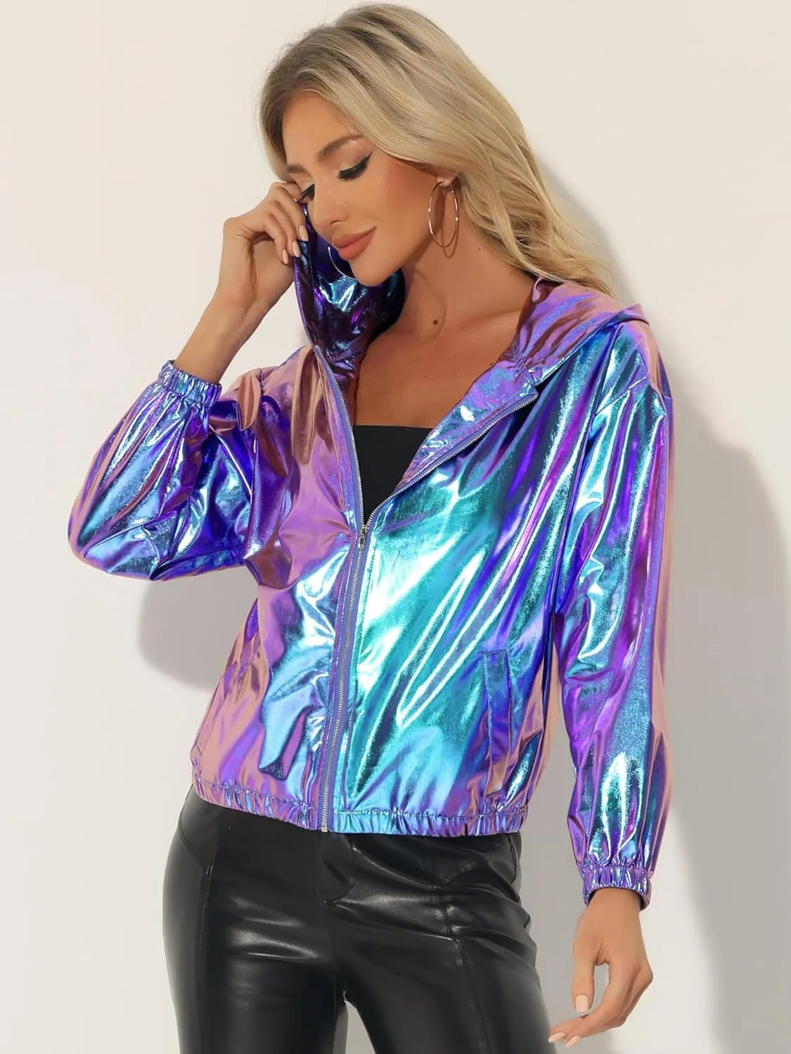 Allegra K Holographic Jackets for Women's Hooded Long Sleeve Zipper Christmas Metallic Jacket