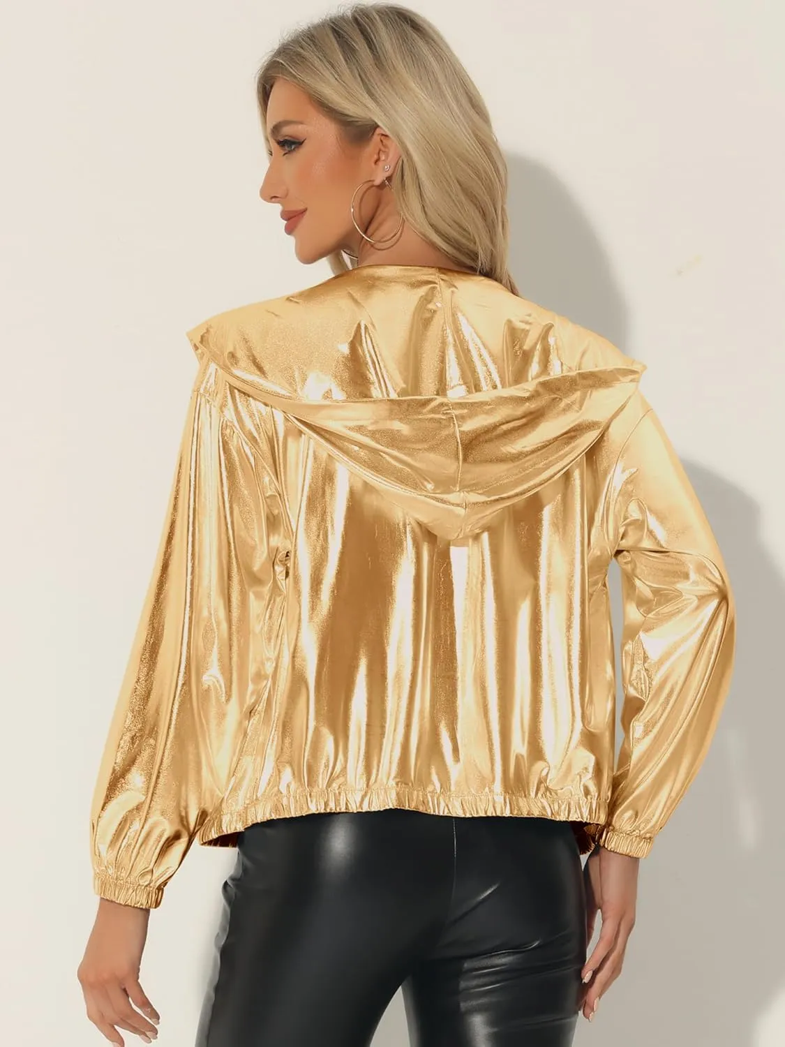 Allegra K Holographic Jackets for Women's Hooded Long Sleeve Zipper Christmas Metallic Jacket
