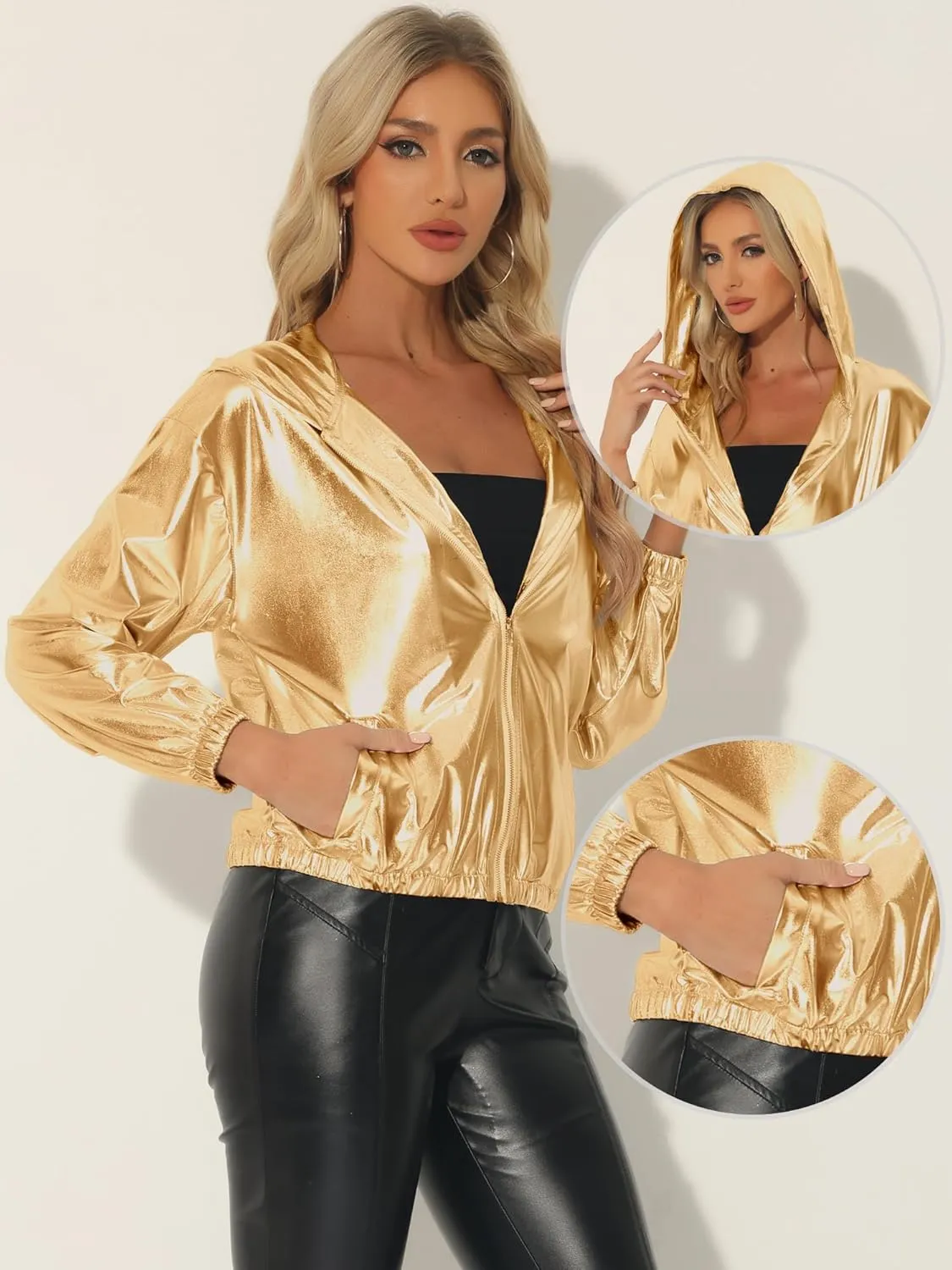 Allegra K Holographic Jackets for Women's Hooded Long Sleeve Zipper Christmas Metallic Jacket