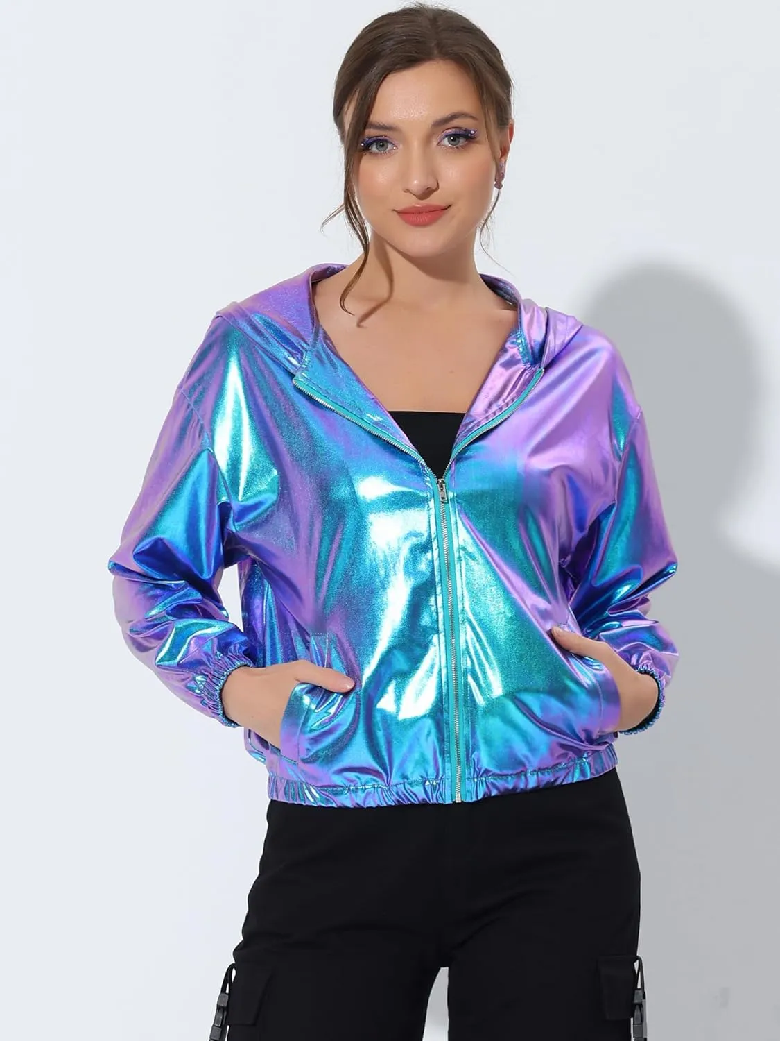 Allegra K Holographic Jackets for Women's Hooded Long Sleeve Zipper Christmas Metallic Jacket