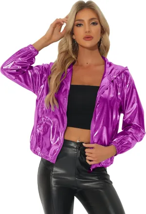 Allegra K Holographic Jackets for Women's Hooded Long Sleeve Zipper Christmas Metallic Jacket