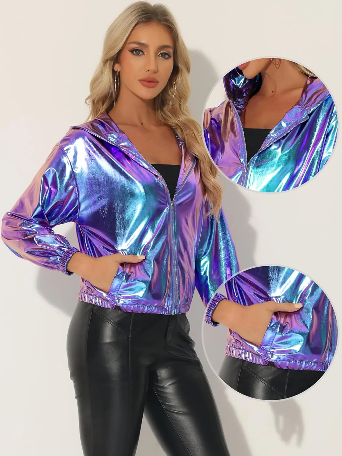 Allegra K Holographic Jackets for Women's Hooded Long Sleeve Zipper Christmas Metallic Jacket