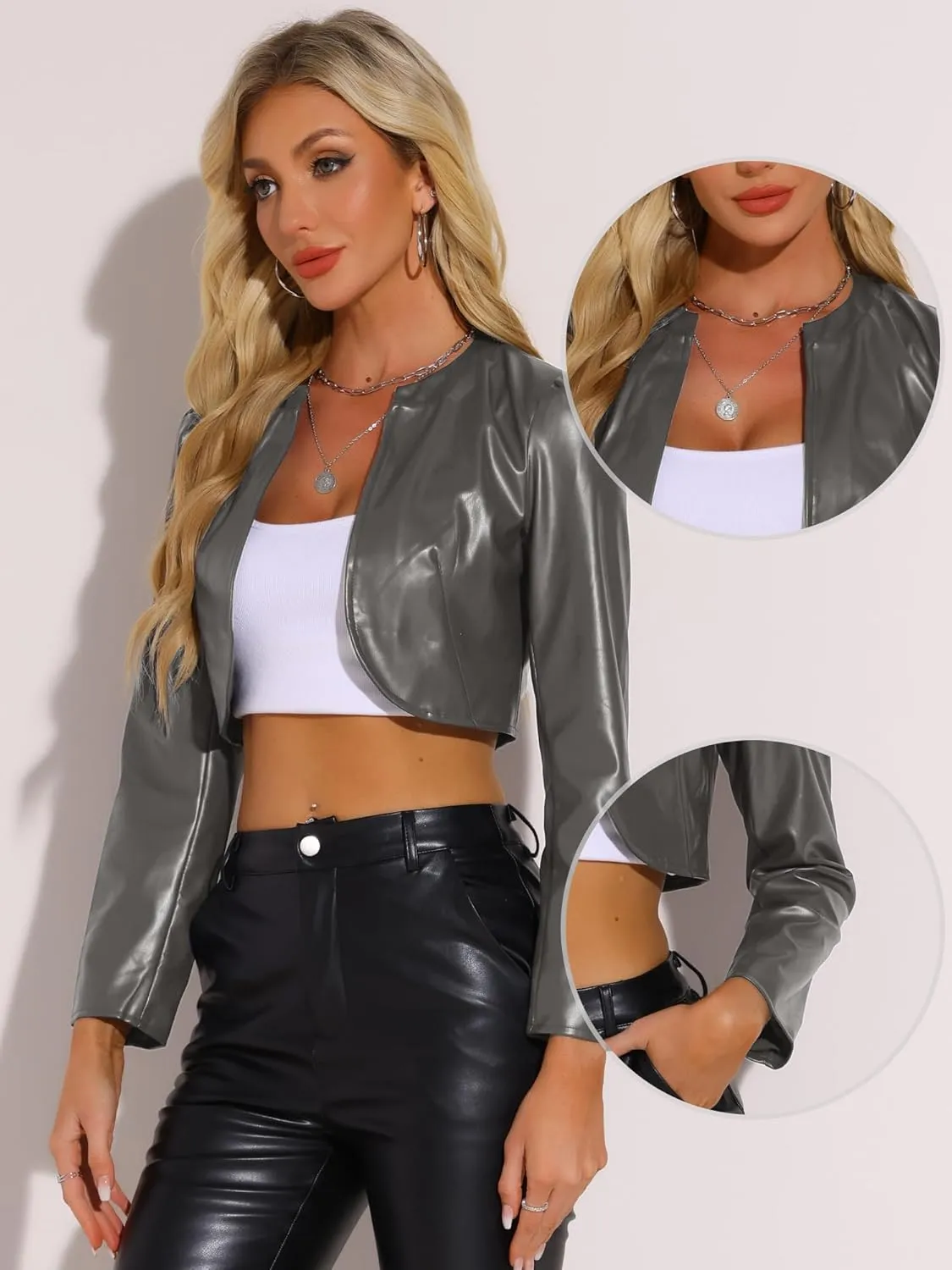 Allegra K PU Leather Crop Jackets for Women's Open Front Long Sleeve Jacket