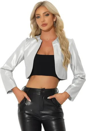 Allegra K PU Leather Crop Jackets for Women's Open Front Long Sleeve Jacket