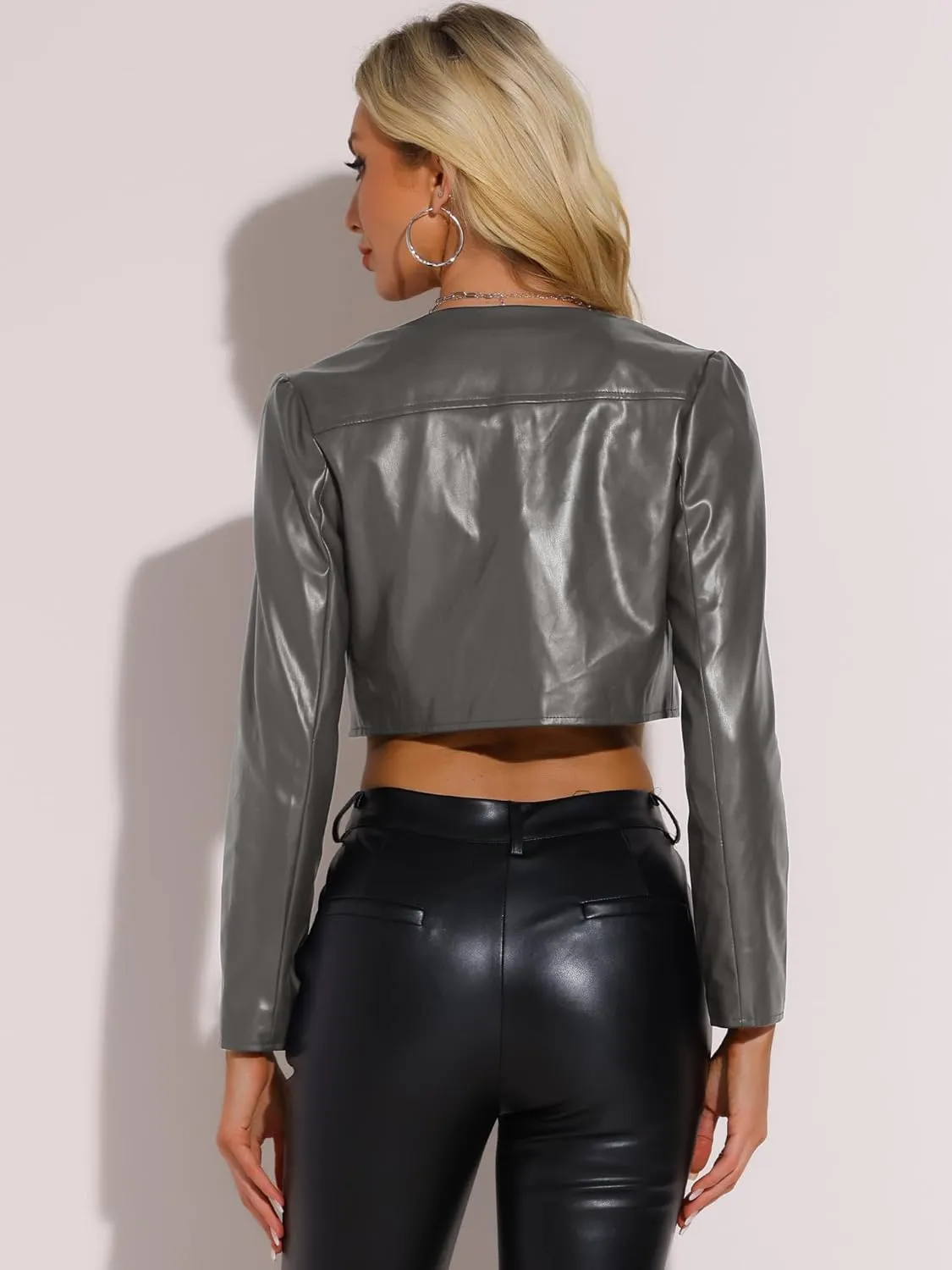 Allegra K PU Leather Crop Jackets for Women's Open Front Long Sleeve Jacket