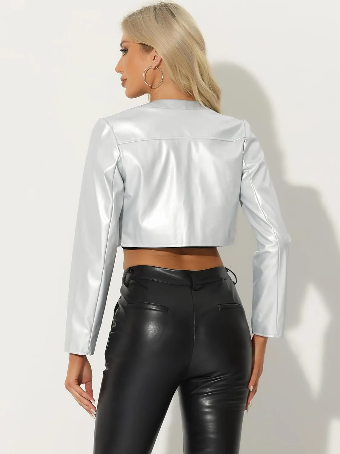 Allegra K PU Leather Crop Jackets for Women's Open Front Long Sleeve Jacket