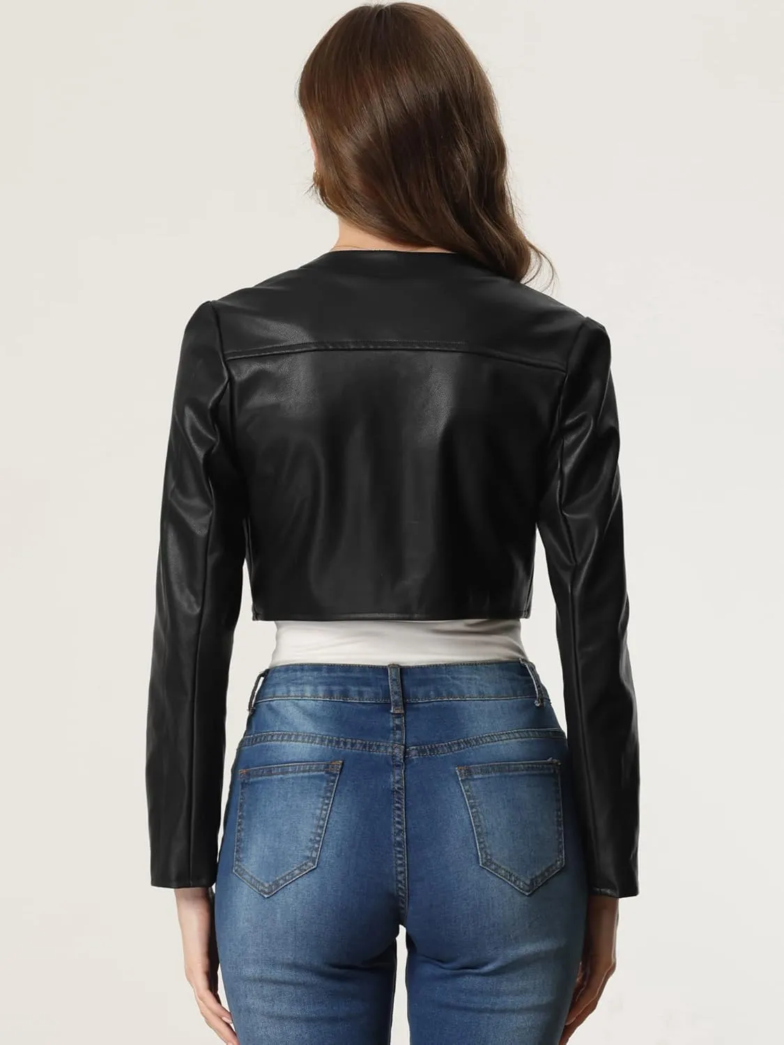 Allegra K PU Leather Crop Jackets for Women's Open Front Long Sleeve Jacket