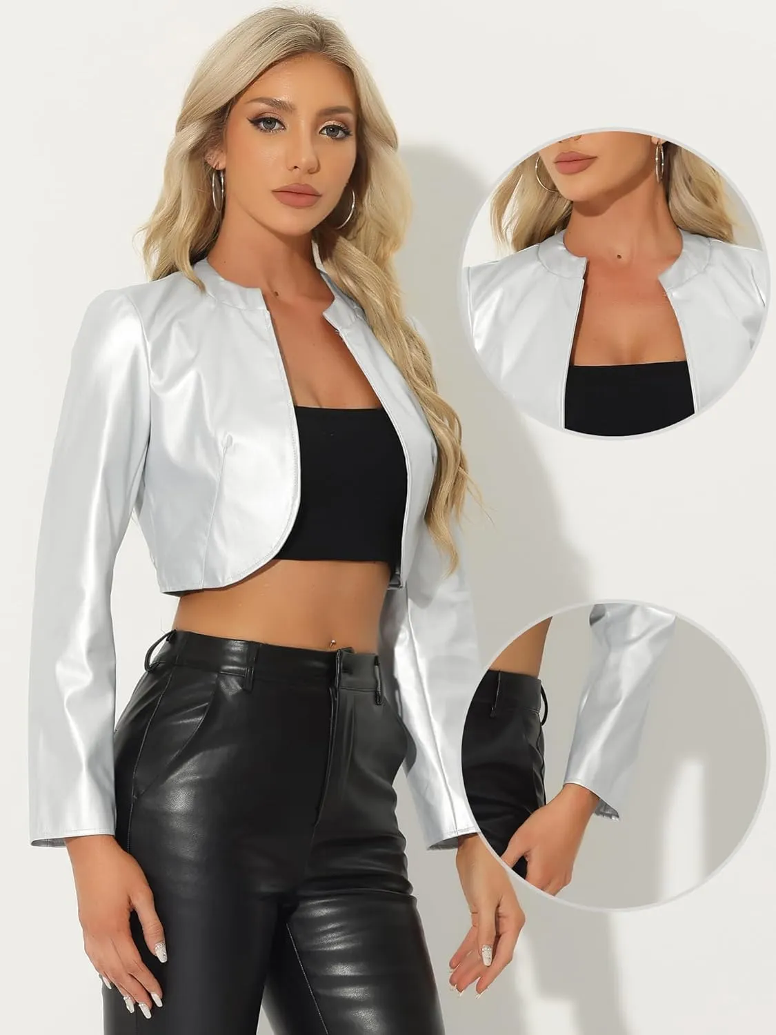 Allegra K PU Leather Crop Jackets for Women's Open Front Long Sleeve Jacket